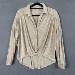 Skies Are Blue Shirt Womens Small Metallic Pleated Blouse Long Sleeve Velvet Top